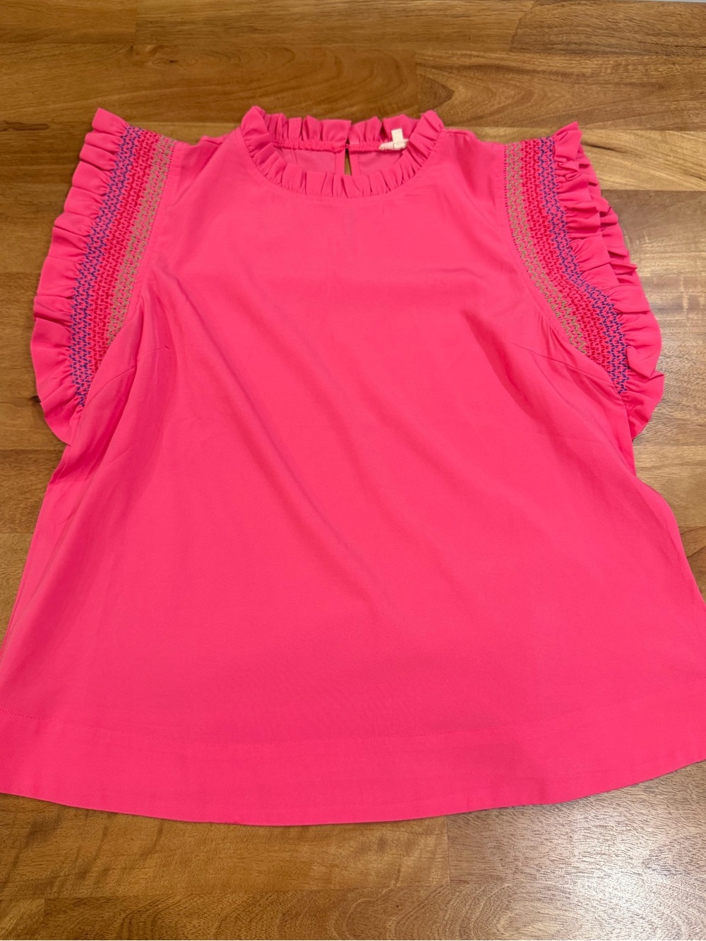 JODIFL Bright Pink Smocked Ruffle Sleeve Blouse Size Large *EUC*